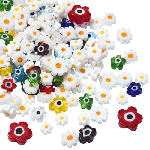 COGCHARGER 200 Pcs Daisy Beads Lampwork Beads Flower Mixed Handmade Millefiori Glass Beads Sets for DIY Jewelry Making Crafts