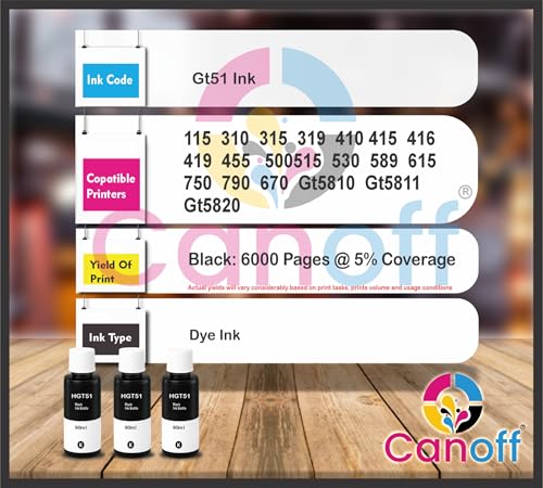 Image of CANOFF GT51 Black Refill Ink Compatible for HP Ink Tank 115,310,315,319,410,415,416,419,455,500,515,530,589,615,750,790,670,GT5810,GT5811,GT5820 (HGT51BK 3pc. x 90ml)