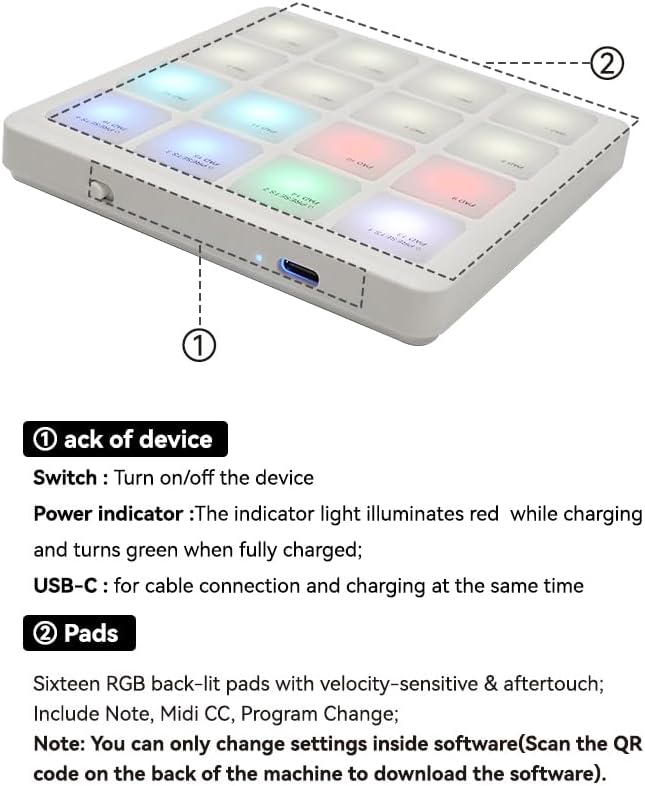 Diagram of SMC PAD Pocket showing USB-C port, power indicator, and 16 RGB backlit pads