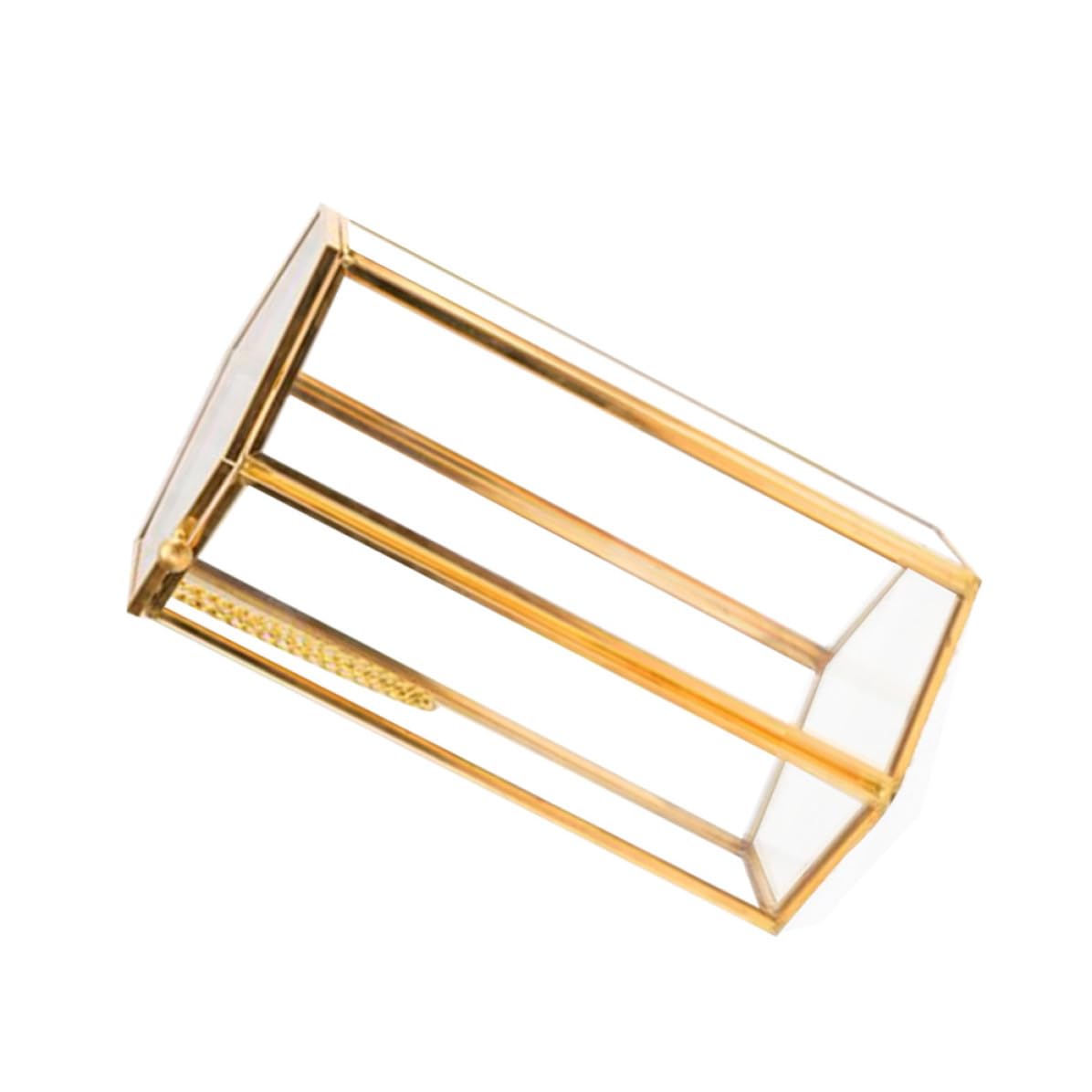 Organizador de maquillaje hexagonal retro con soporte para brochas de maquillaje con material de latón y vidrio, práctico recipiente para brochas para vestidor o mesa de tocador