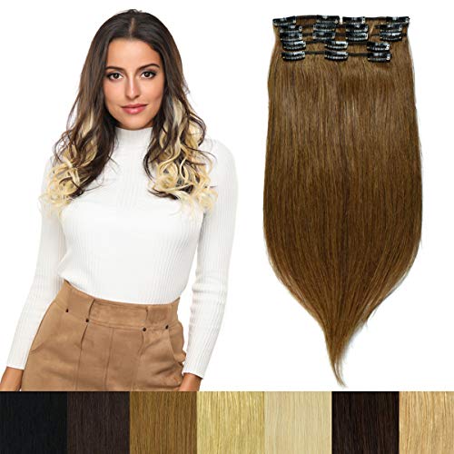 Modernfairy Hair Real Human Hair Extensions Clip in Full Head Thick Straight Remy Hair Extensions for Women 8Pcs 18 Clips 20"-70g Light Brown (#6)