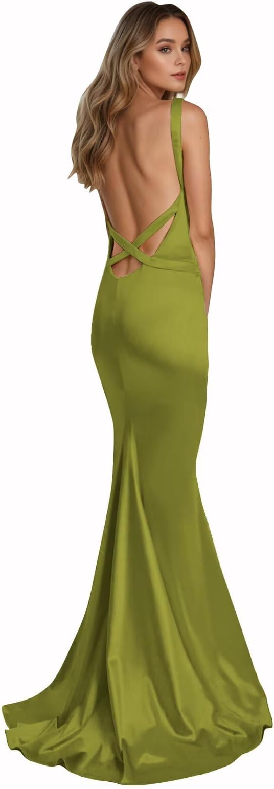 Mermaid Satin Prom Dresses Backless Spaghetti Straps Long Formal Evening Gowns for Women Cocktail Party Dress