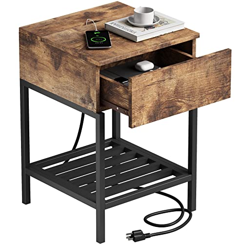 Choochoo Nightstand With Charging Station And Usb Ports, Rustic Side End Table With Drawer And Metal Shelf, Bedside Table For Small Spaces, Bedroom, Living Room, Rustic Brown #TOP26