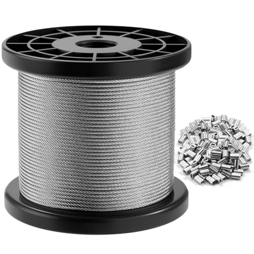 CELYND Stainless Steel Wire Rope - 328FT 1/16' Aircraft Cable with 150Pcs Crimping Sleeves for...