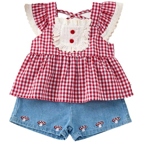 Baby Girl Summer Plaid Top & Denim Shorts Outfit Set - Ideal for 6M - 3T