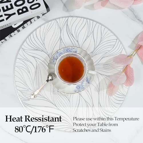 fanquare Silver Table Mats Set of 6 Round Placemats PVC Leaf Placemats Heat Resistant Washable Non-Slip Tablemats for Dining Kitchen Table Wedding Decoration 38cm - Image 2
