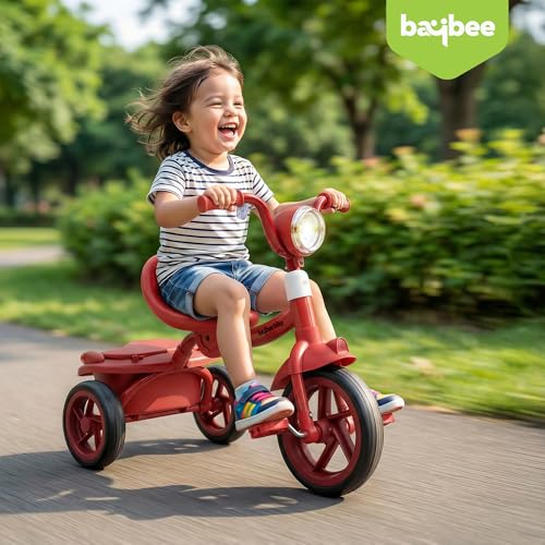 Image of Flyer Foldable Baby Tricycle for Kids | Kid Cycle with LED Light, Music & Storage Baskets | Baby Tricycle with Adjustable Seat & Handle | Cycle for Kids 2 to 5 Years (Red)