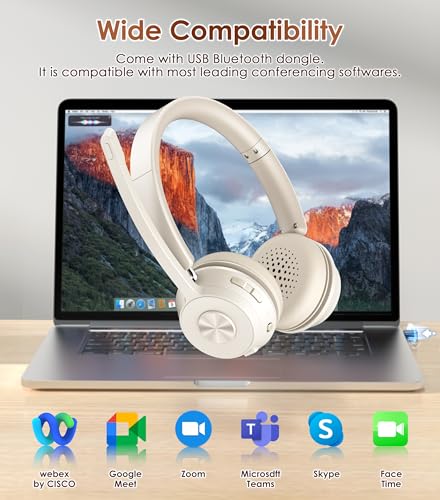 Image of Soothielec Wireless Headset, Bluetooth Headset with Noise Cancelling Microphone, Best Headphones with Mic Mute & USB Dongle for PC /Computer /Laptop /Cell Phones /Remote Work /Call Center (Beige)