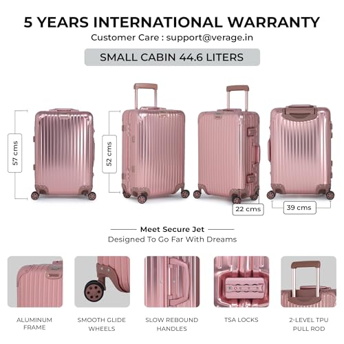 Image of Verage Luxe Secure Jet Full Aluminium Body (44 Liters) Cabin Size Luggage with Zipper Less Frame Closure & Dual TSA Clasp Locks Spinner Suitcase Trolley Bag (Rose Gold, 20 inch / 57 Cms)