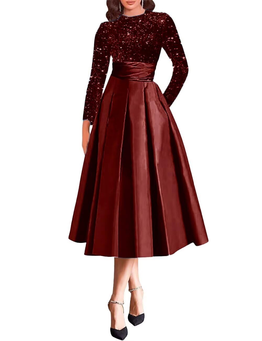 Sparkly Sequin Wedding Gown Long Sleeve Tea Length A Line Formal Dress Mother of The Bride Dresses for Women