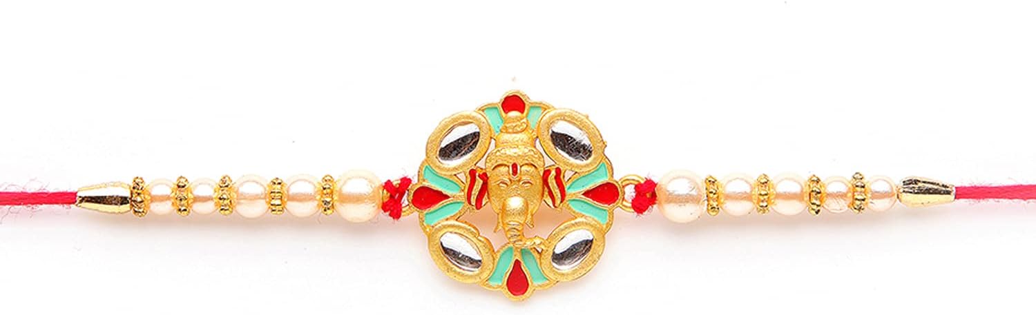 Kord StoreGaneshji Design Mint Green Color Kundan Thread Moti Gold Finish Rakhi Set Of 1 For Brother