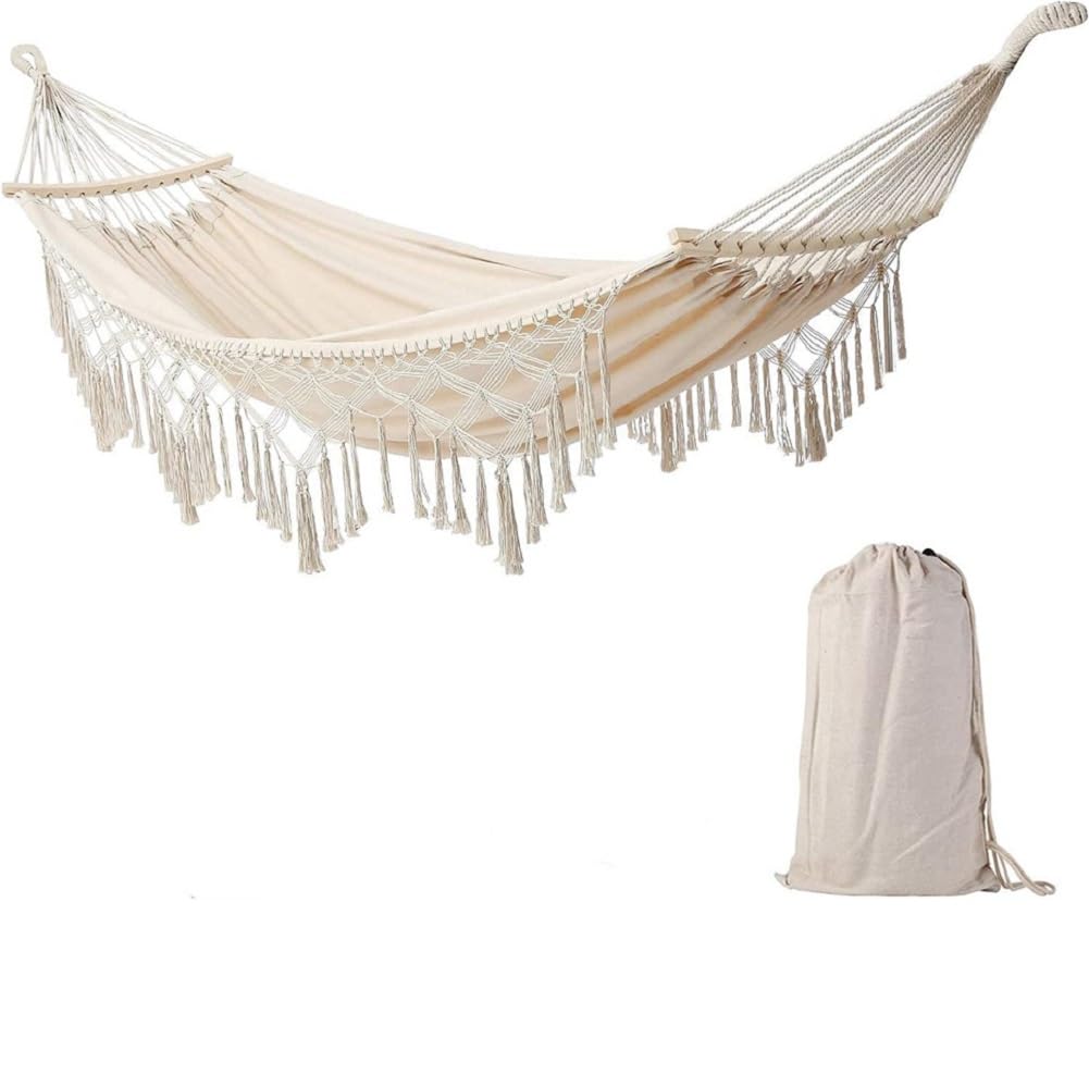 Amaca in Cotone Amaca Campeggio Amaca da Giardino 300X150cm Amaca Matrimoniale capacità 300Kg Portatili Amaca Sospesa Amaca per Casa Due Persone Cortile Portico Prato E Giardino, Bianco