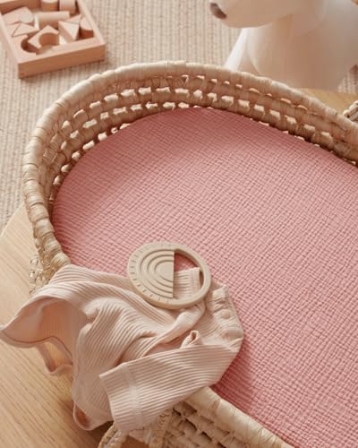 Image of Blissful Diary Muslin Bassinet Sheets, 2 Pack, Pink Floral & Light Pink | fitted for bassinet mattress, soft and breathable cotton, boho style, easy care for machine wash, gift for boy and girl