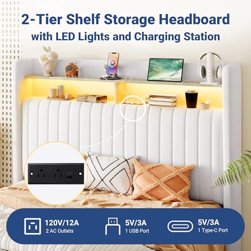 Image of Allewie Full Size Lift Up Storage LED Bed Frame, Charging Station, White