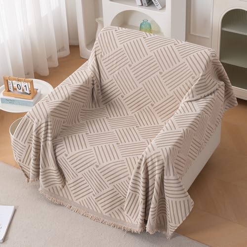 Image of HOKIPO Printed 320 GSM Chenille Sofa Cover Throw Blanket for 1 Seater Sofa - All Season, 'Serene Abode Series' Beige Geo Weave (180x180 cm) (AR-6631-D7)