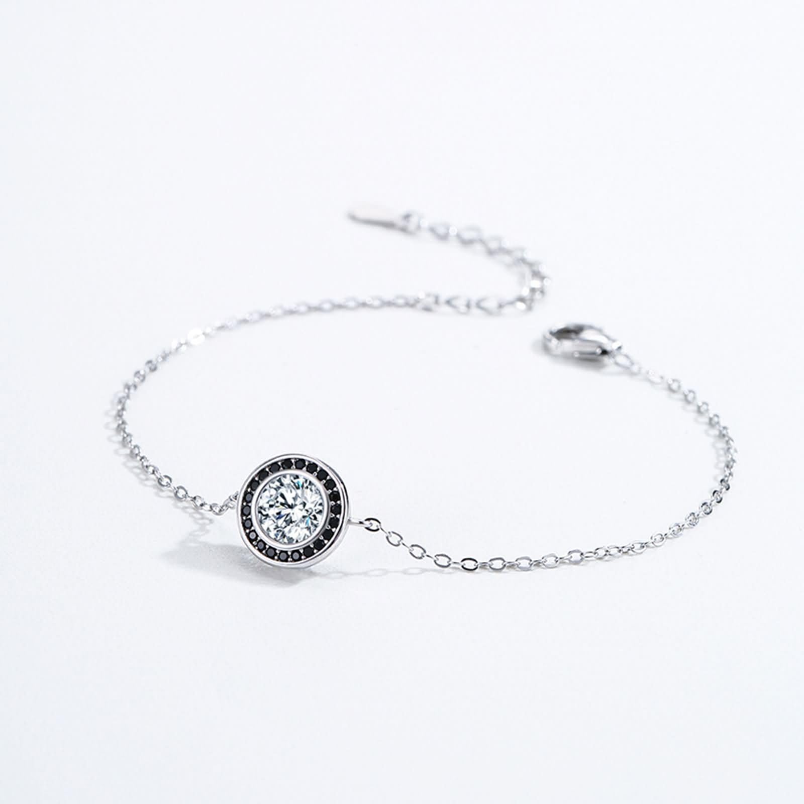 Bracciali Catena in Oro Bianco 9 K / 14 K / 18 K per Donna, Rotondo con Diamante Creato da 0,75 ct e Onice Nero, Regolabile 16 CM + 5 CM, Bracciali Catena Argento Nero Donna