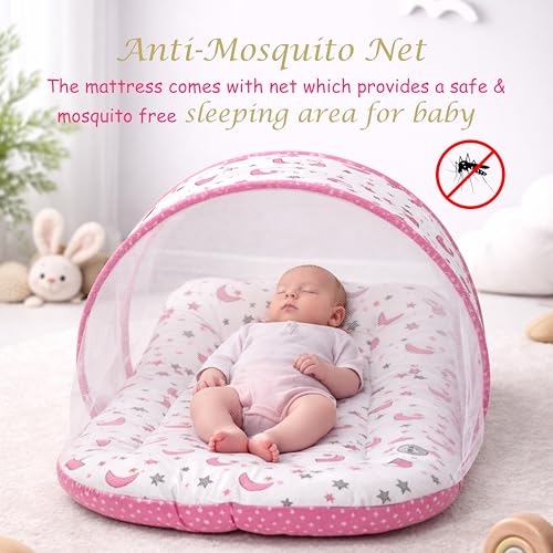 Image of Fareto Combo of Baby Bed with Net | Carry Bag | 4 Pcs Bedding Set (0-6 Months, Baby Size, Cotton) (Pink Moon)