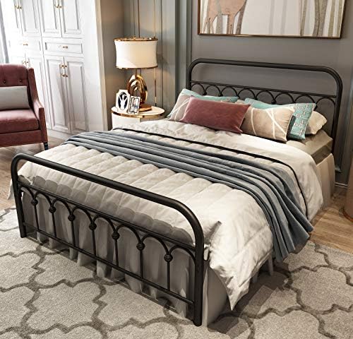 TUSEER Metal Bed Frame Full Size with Vintage Headboard and Footboard Platform Base Wrought Iron (Black)