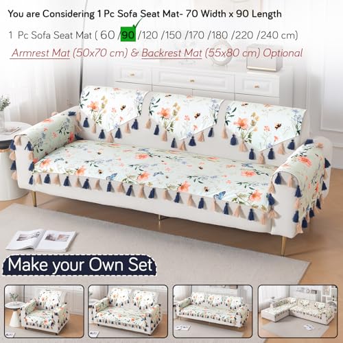 Image of HOKIPO Printed Holland Velvet Sofa Cover with Tassel for 1 /2 /3 Seater & L Shape Sofa | Make Your Own Set, 'Whispers of Nature' Sofa Mat, 70(W) x 90(L) cm, Pastel Butterfly Meadow (IN-1118-D2)