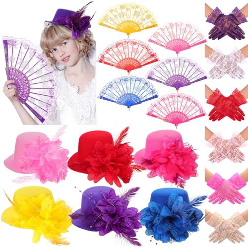 JaGely 18 Pcs Girls Tea Party Supplies Girls Mini Tea Party Hat and Gloves Lace Folding Fan(Bright Colors)