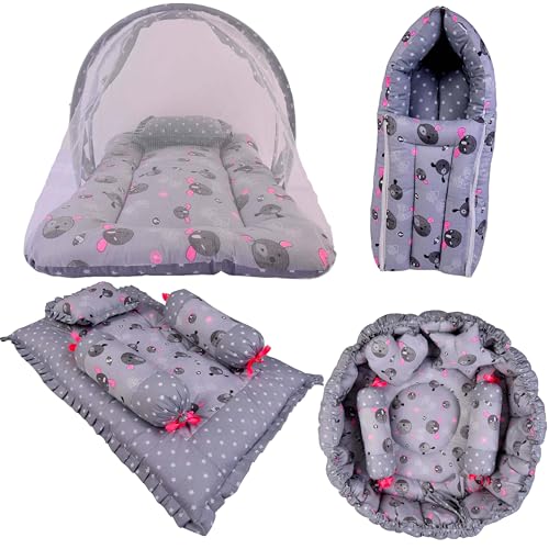 Image of Kwitchy Baby Bedding Set New Born Baby Bed | Mattress | Mosquito Net | Gadda Set | Bed | Cotton | Essential Combos | Gift Pack | Boys & Girls (0-6 Months, Grey) (4PCS Set)