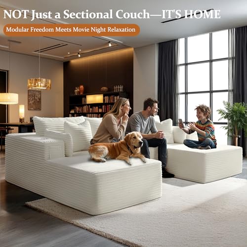 Image of 108 inch Cloud Sectional Couch, Comfort U Shaped Boneless Couch for Living Room, Extra Deep Seats No Assembly, Minimalist Modular Sofa, Corduroy (Cream, 2 Seater+Right Facing Chaise+Ottoman)