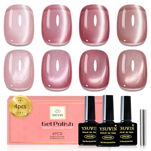 Yueshop Cat Eye Gel Nail Polish Pink 4 Colors Crystal Jelly Glass Pink Series Cats Eye Gel Nail Polish Magnetic Soak Off UV LED gel nail Varnish Creative nail Art DIY Salon at Home 8ML