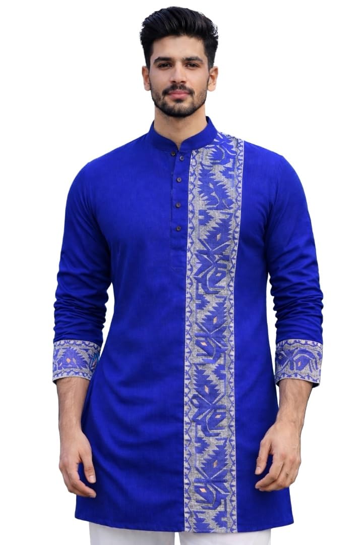Men’s Cotton Jamdani Kurta for Festive, Casual Wear | Traditional Bengali Style Long Kurta | S to XL Size | White, Yellow, Blue Color Options-image-45
