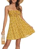 Missufe Spaghetti Strap Floral Mini Dress Women's Casual Ruched Front Drawstring Swing Sundress (Yellow, Large)