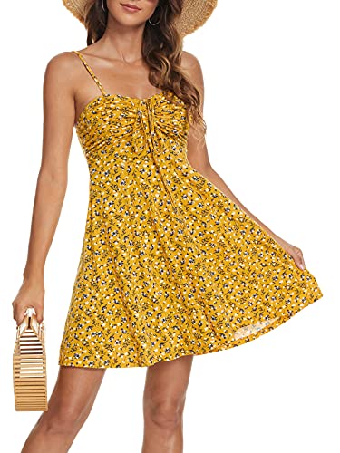 Image of Missufe Spaghetti Strap Floral Mini Dress Women's Casual Ruched Front Drawstring Swing Sundress