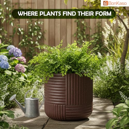 Image of Bonkaso 12 Inch Ribbed Planter Pot for Indoor & Outdoor Use | Round Heavy Duty Polymer Flower Pot | Lightweight Weather Resistant Modern Gamla for Living Room Balcony & Terrace (Brown)