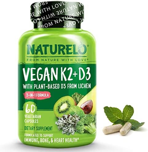 NATURELO Vegan K2+D3 - Plant Based D3 from Lichen - Natural D3 Supplement for Immune System, Bone Support, Joint Health - Whole Food - Vegan - Non-GMO - Gluten Free,Capsule (60 Count (Pack of 1))
