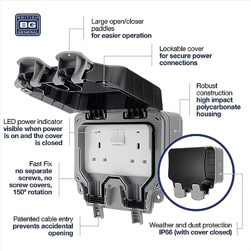 BG Electrical WP22-01 Double Weatherproof Outdoor Switched Power Socket, IP66 Rated, 13 Amp, Grey