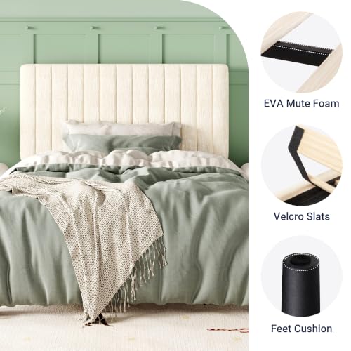 Image of Allewie Twin Bed Frame, Upholstered Platform Bed with Adjustable Vertical Channel Tufted Headboard, Mattress Foundation with Strong Wooden Slats, Box Spring Optional, Easy Assembly, Chenille White
