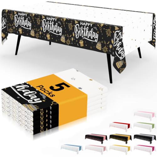 Image of Smiry Plastic Table Cloth Disposable 5 Pack, 54 x 108 Inch Waterproof Rectangle Tablecloths for Birthday, Parties, Decorative Plastic Table Cover, Leakproof & Sturdy, Black & White