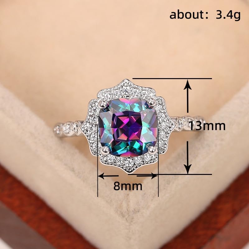 Metmejiao 925 Sterling Silver Colorful Dainty Cubic Zirconia Rainbow Square Zircon Statement Ring Sapphire Ring Purple Crystal Stone Female Ring Size 8 - Image 5