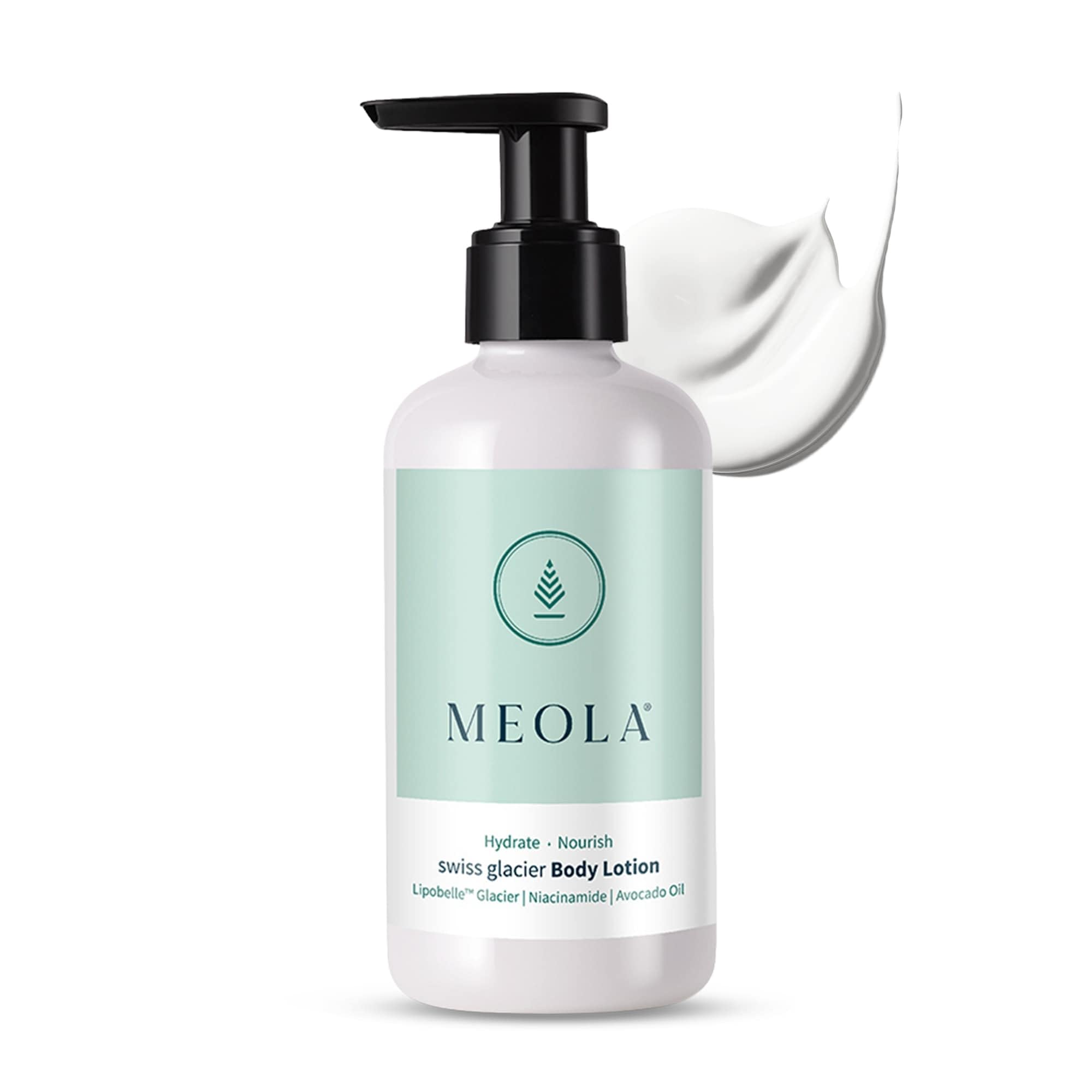 Meola Swiss Glacier Body Lotion for Deep Hydrating & Nourishing Dry and Sensitive Skin with Shea Butter, Niacinamide and Avacado Oil -200ml | Long-Lasting Skin Barrier Moisturizer for Women and Men
