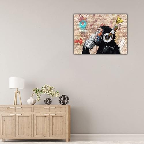 Pangoo Art Banksy Painting Artwork Wall Decor Canvas Print Colors Are Vibrant Figure Street Graffiti Picture For Living Room Bedroom Bathroom Decoration Easy To Hang 16X20 Inch Thinking Monkey #TOP3