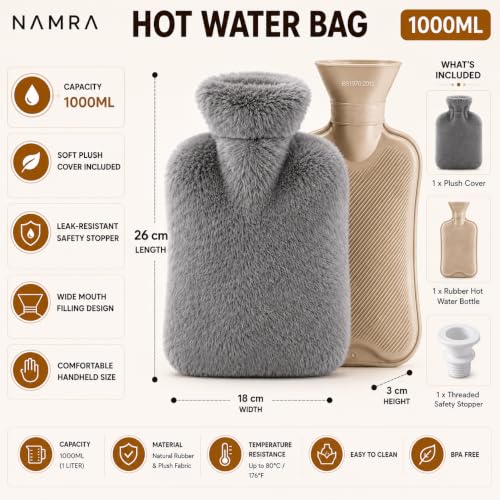 Image of NAMRA Hot Water Bag with Soft Cover for Pain Relief, 1 Pcs Heating Pad Rubber Hot Bag for Body Massage for Men & Women for Hot Water Bottle for Period, Cramps, Heating Pad - 1000ML (GRAY Color)