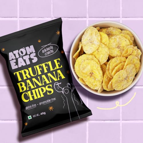 Image of Atom Eats Truffle Flavoured Banana Chips, 50g (Pack of 3) | Truffle & Cheese Sprinkled Chips | Crunchy Gourmet Snacks for Parties, Drinks, Tea & Coffee | Imported Quality | Social Gatherings - Fun Snack - Cafe
