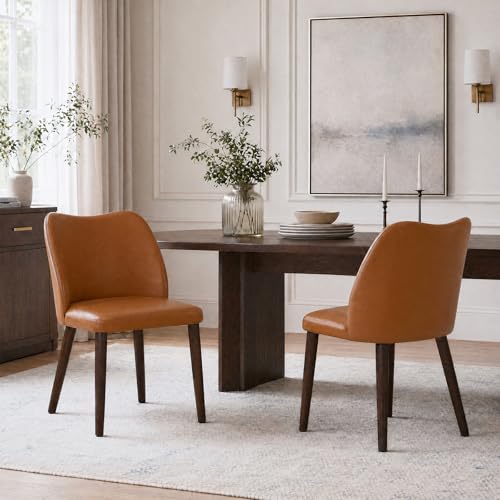 Image of MALOL Dining Chairs Set of 2, Upholstered Leather Kitchen Chairs with Curved Back, Padded Seat and Solid Wood Legs, Modern Dining Chair for Kitchen Dining Room, Light Brown