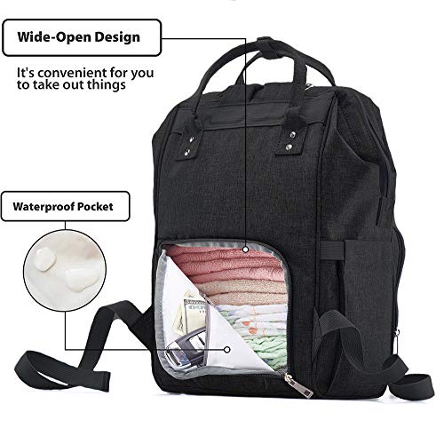 Diaper Bag Backpack, KiddyCare Multi-Function Baby Bag, Maternity Nappy Bags for Travel, Large Capacity, Waterproof, Durable & Stylish for Woman and Men, Black