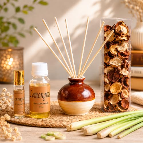 Image of AuraDecor Reed Diffuser Gift Set with Potpourri, Fragrance Oil & 6 Reed Sticks | Air Freshener for Living Room, Bedroom & Office | Decorative Aroma Diffuser Gift Set (Lemon Grass RD 10)