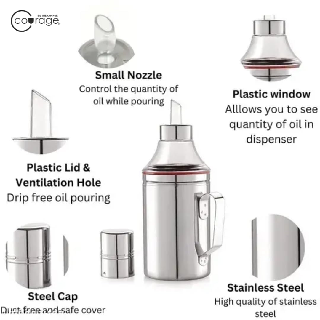 COURAGE ; BE THE CHANGE Dispensador de aceite de acero inoxidable, recipiente de aceite a prueba de fugas y sin BPA para aceites de cocina y vinagre, accesorio de cocina duradero para verter y