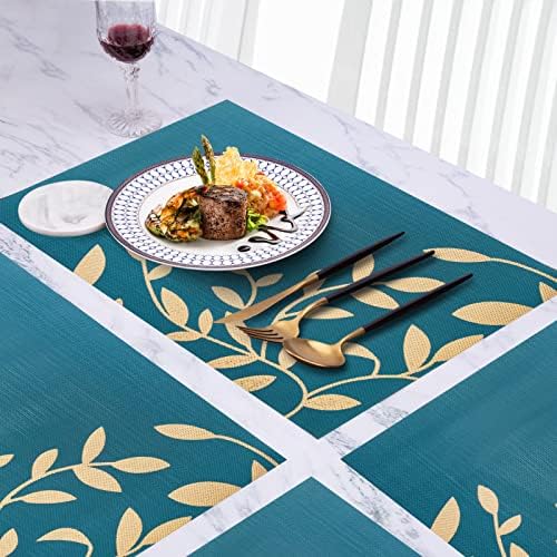 VINILITE PVC Woven Placemat Sets of 6, Washable Heat Resistant Non-Slip Table Placemats for Kitchen Restaurant Dinner Home Decor, Gift Package, Branches Leaves Print Pattern, 45 x 30cm, Blue