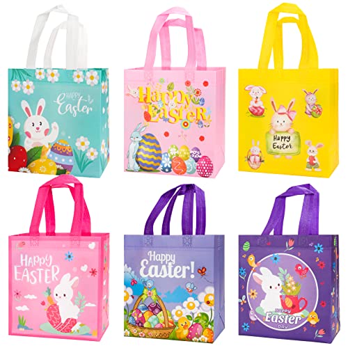 6 Stück Ostergeschenktüten mit Henkel Wiederverwendbare Geschenktüte mit Hasen Vliesstoff-Tragetaschen Wasserdichte Ostertüte für Ostergeschenke Ostertüten für Kinder Osterparty (22 x 23 x 11 cm)