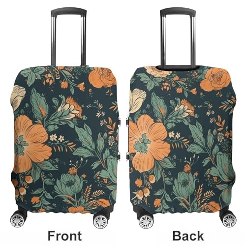 Orange And Green Flowers Elastic Luggage Cover Suitcase Protector for 19-32 Inch Suitcases | Universal Stretchable Travel Bag Cover | Anti-Scratch, Washable with Zipper Closure L3