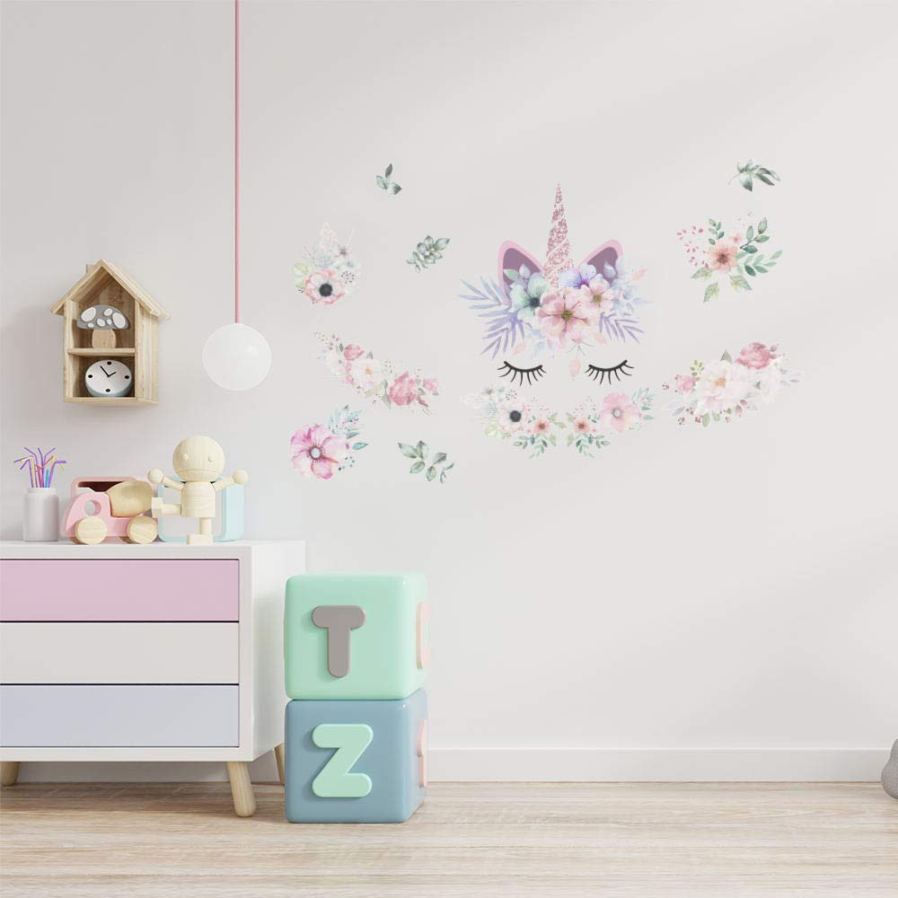 Alwayspon Kids/Girls Room Cute Unicorn Flower Wall Sticker, Removable Watercolor Wall Decals, Peel and Stick Wall Art Murals for Home Nursery Decoration Living Room Decor