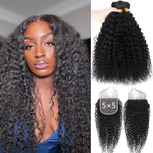 12A Curly Bundles Human Hair with 5x5 Hd Lace...
