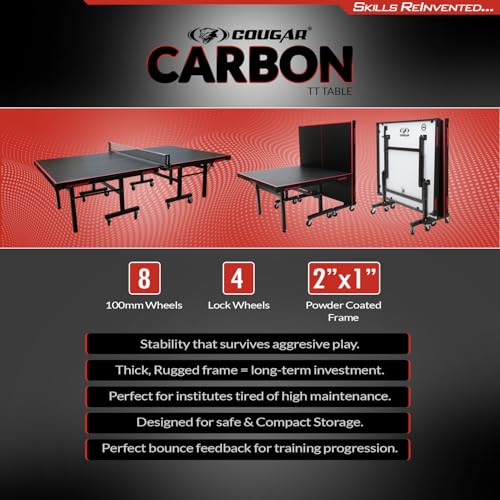 Image of COUGAR Carbon Table Tennis Table, 25mm ISI Marked Laminated Top, Heavy-Duty 2x2 Frame, 100mm Wheels with Lock, Powder-Coated Pipe, Ideal for Home, School, and Club Play